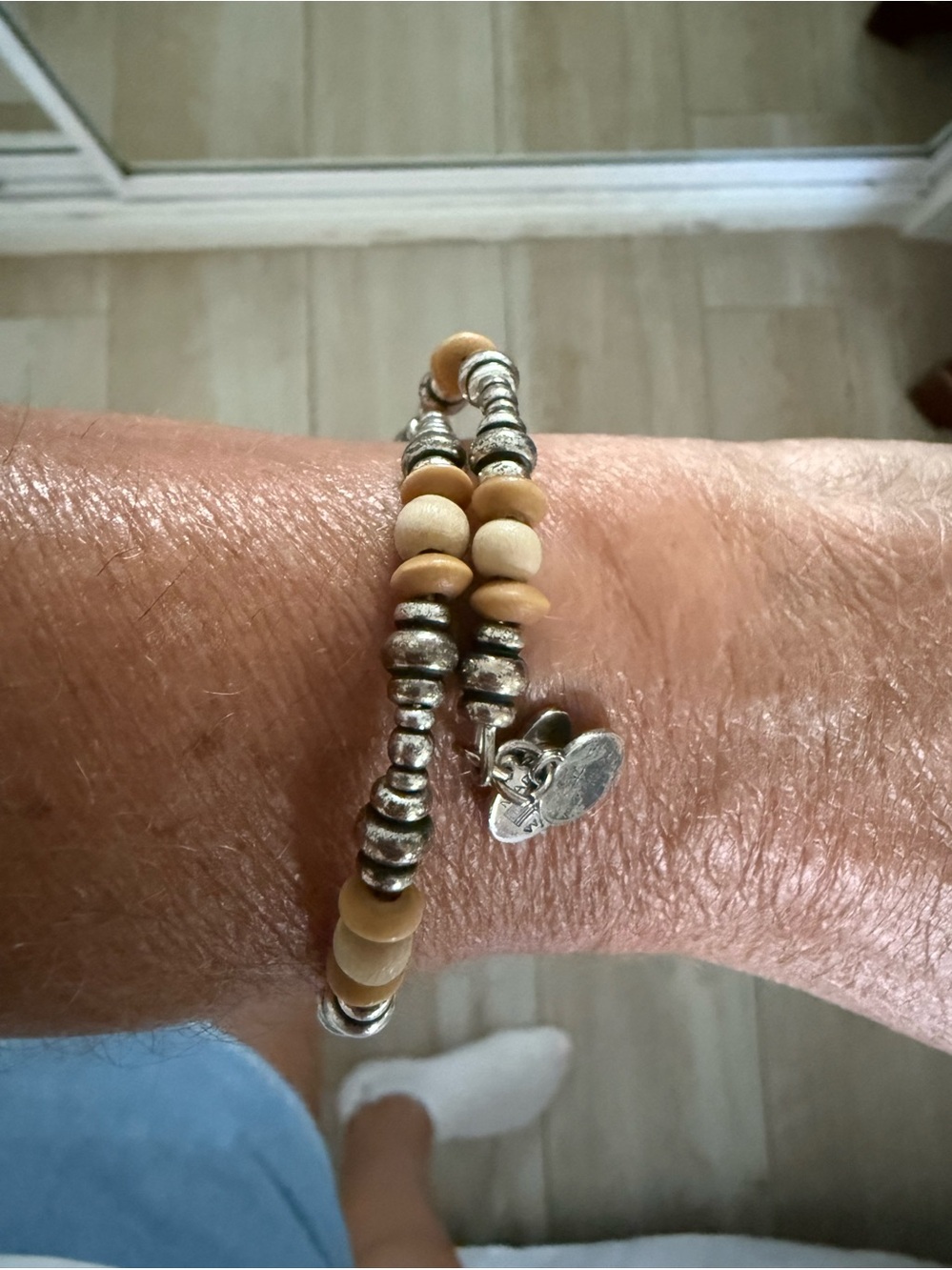 Alex and Ani Silver and Beige Beaded Wrap Bracelet with Charm